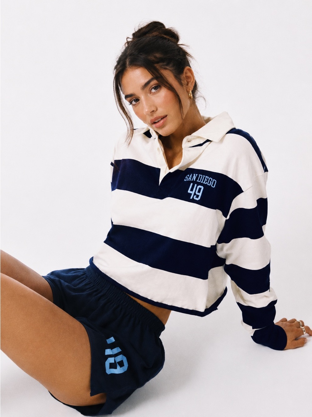 Hype & Vice Striped Rugby Crop Top S Navy White Long Sleeve Collegiate Preppy